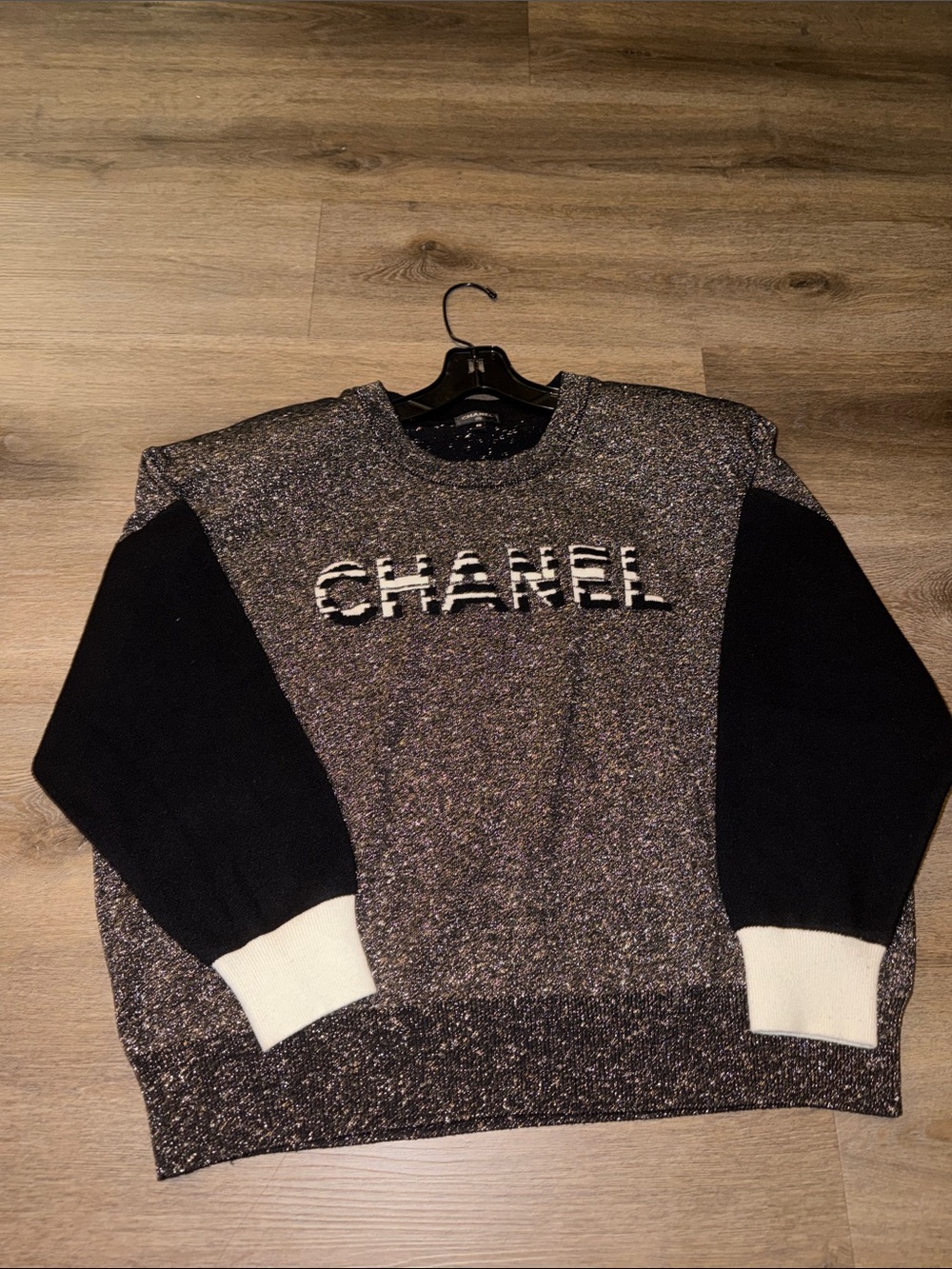 CHANEL Gray Marled Crewneck with Black Sleeves and White Cuffs